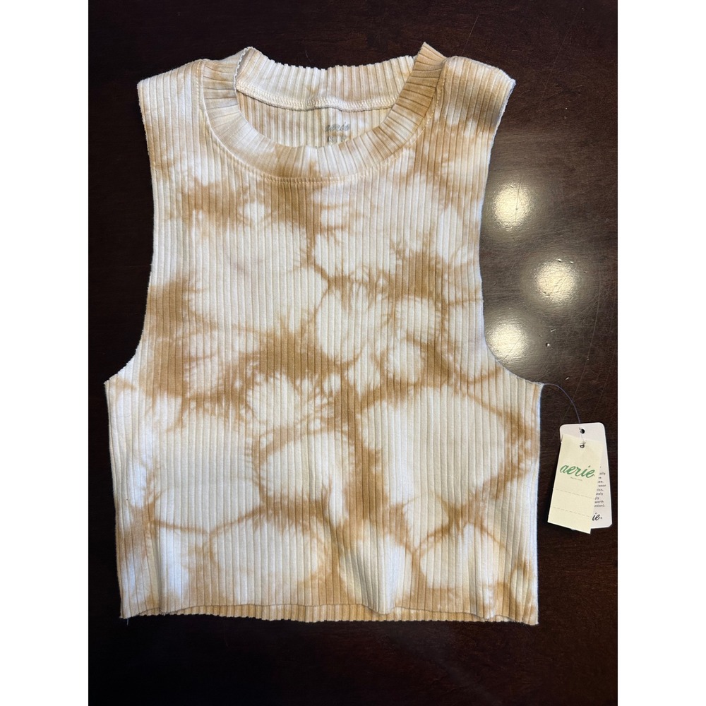 Aerie Tank Top Women XS Brown Tie Dye Ribbed Knit Cropped Sleeveless Crew Neck